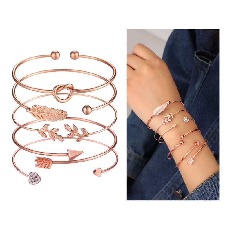 Softones 5pcs Bangle Rose Gold Bracelets for Women Heart|Olive Leaf|Arrow|Feather|Knot Heart Open Cuff Bracelet Set Adjustable - Image 5
